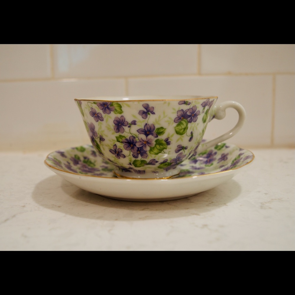 Lefton Violet Chintz English China cup and saucer purple flowers